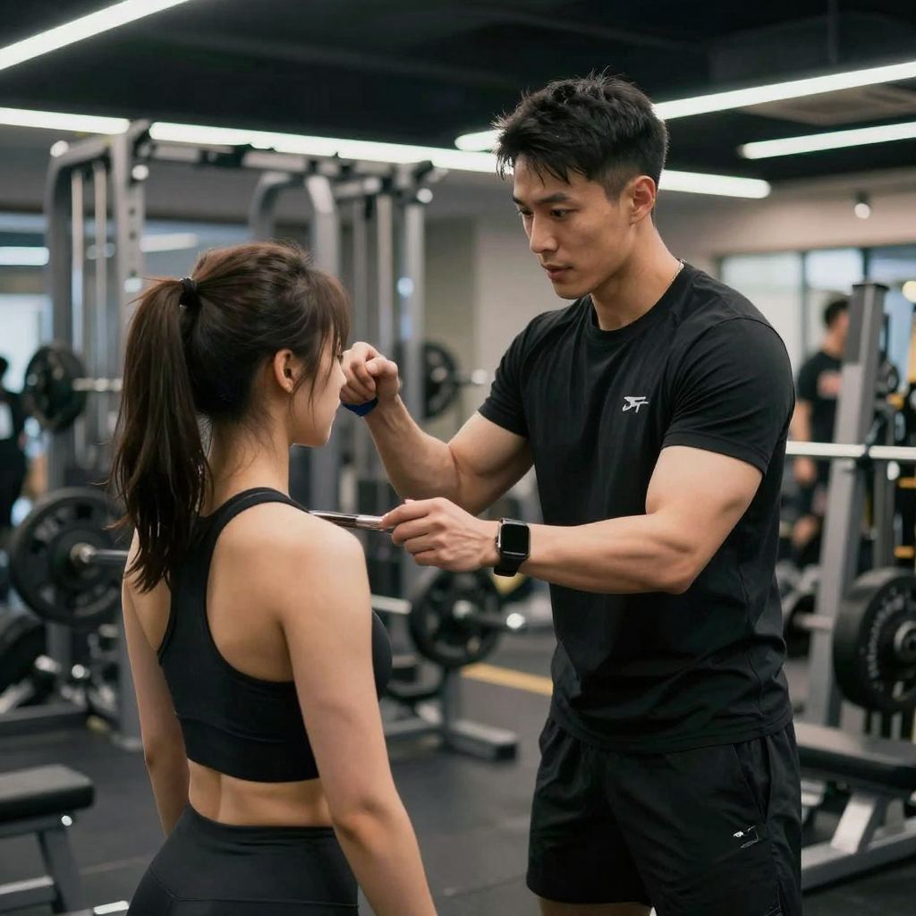Professional fitness coach training a client